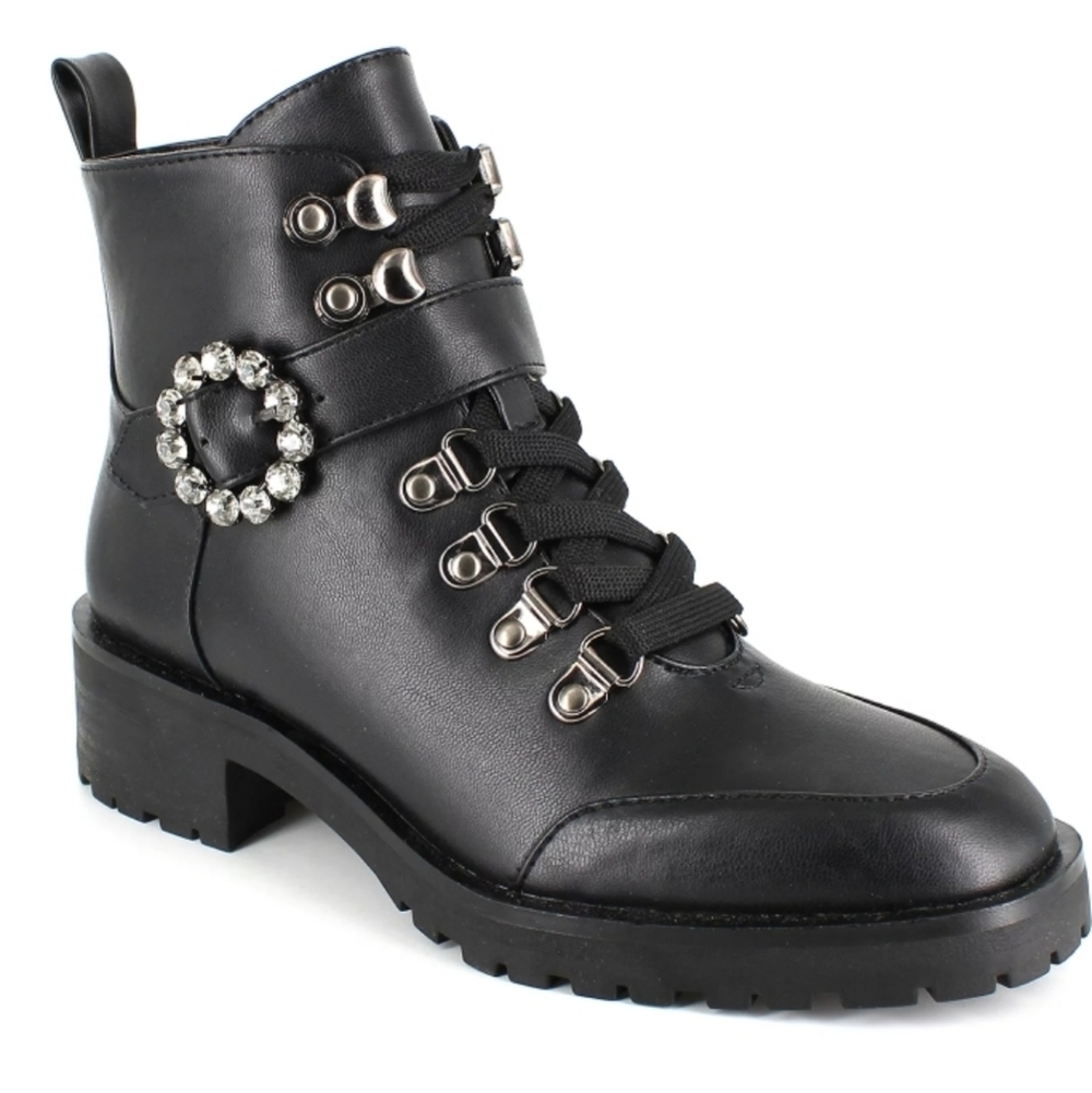 Nanette lepore Irina rhinestone hiking high top moto buckle zipper boots sz 9